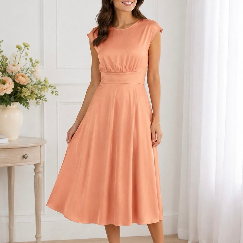 Gal meets Glam Julia Peach Crepe Back Feminine Satin Tea Party Chic Midi Dress 6